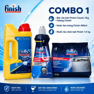 COMBO 1 - Bột rửa bát Finish Classic 1Kg - Hương Chanh - Nước làm bóng Finish 400ml - Muối rửa chén bát Finish 1.0 kg