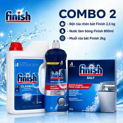 COMBO 2 - Bột rửa chén bát Finish Powerball Classic 2,5kg - Nước làm bóng Finish 800ml - Muối rửa bát Finish 2kg