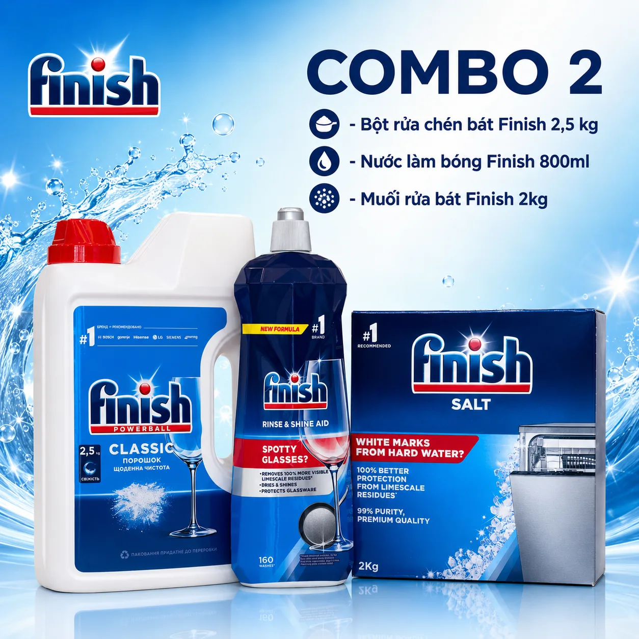 COMBO 2 - Bột rửa chén bát Finish Powerball Classic 2,5kg - Nước làm bóng Finish 800ml - Muối rửa bát Finish 2kg