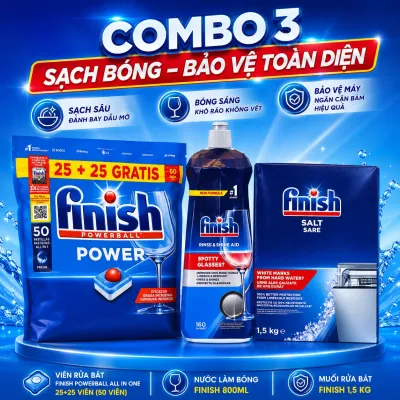 COMBO 3 - Viên Rửa Bát Finish Powerball All In One 25+25 viên (50 viên) - Nước làm bóng Finish 800ml - Muối rửa bát Finish 1,5 kg