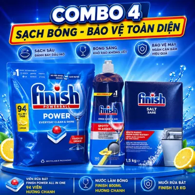 COMBO 4 - Viên rửa bát Finish Power All in One 94 viên Hương Chanh - Nước làm bóng Finish 800ml Hương chanh - Muối rửa bát Finish 1,5 kg