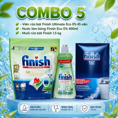 COMBO 5 - Viên rửa bát Finish Ultimate Eco 0% 45 viên - Nước làm bóng Finish Eco 0% 400ml - Muối rửa bát Finish 1,5 kg