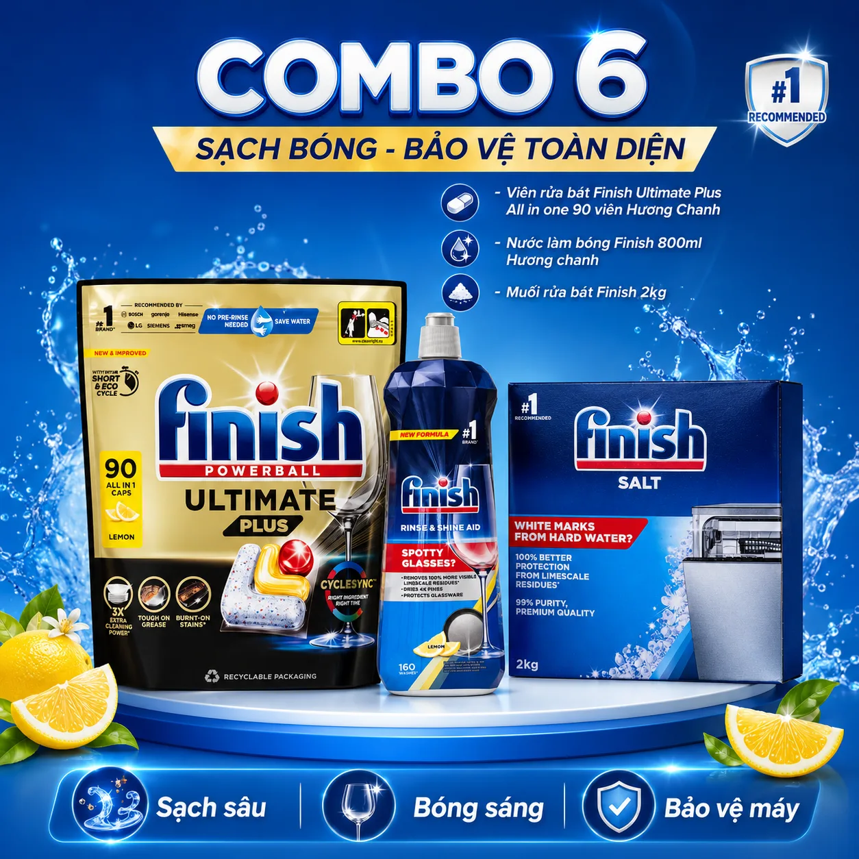 COMBO 6 - Viên rửa bát Finish Ultimate Plus All in one 90 viên Hương Chanh - Nước làm bóng Finish 800ml Hương chanh - Muối rửa bát Finish 2kg