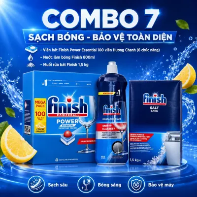 COMBO 7 - Viên bát Finish Power Essential 100 viên Hương Chanh - Nước làm bóng Finish 800ml - Muối rửa bát Finish 1,5 kg