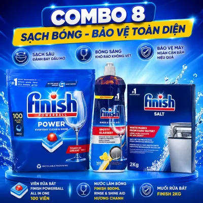 COMBO 8 - Viên rửa bát Finish Powerball All in One 100 viên - Nước làm bóng Finish 800ml Hương chanh - Muối rửa bát Finish 2kg